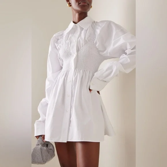 NWT Alexander Wang Long Sleeve Smocked Cami Oversize Poplin Cotton Shirt Dress S - Picture 3 of 15